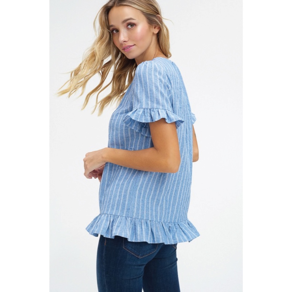 ♡ SOLD OUT! ♡ Blue Striped Button Down Ruffle Top - Picture 7 of 8
